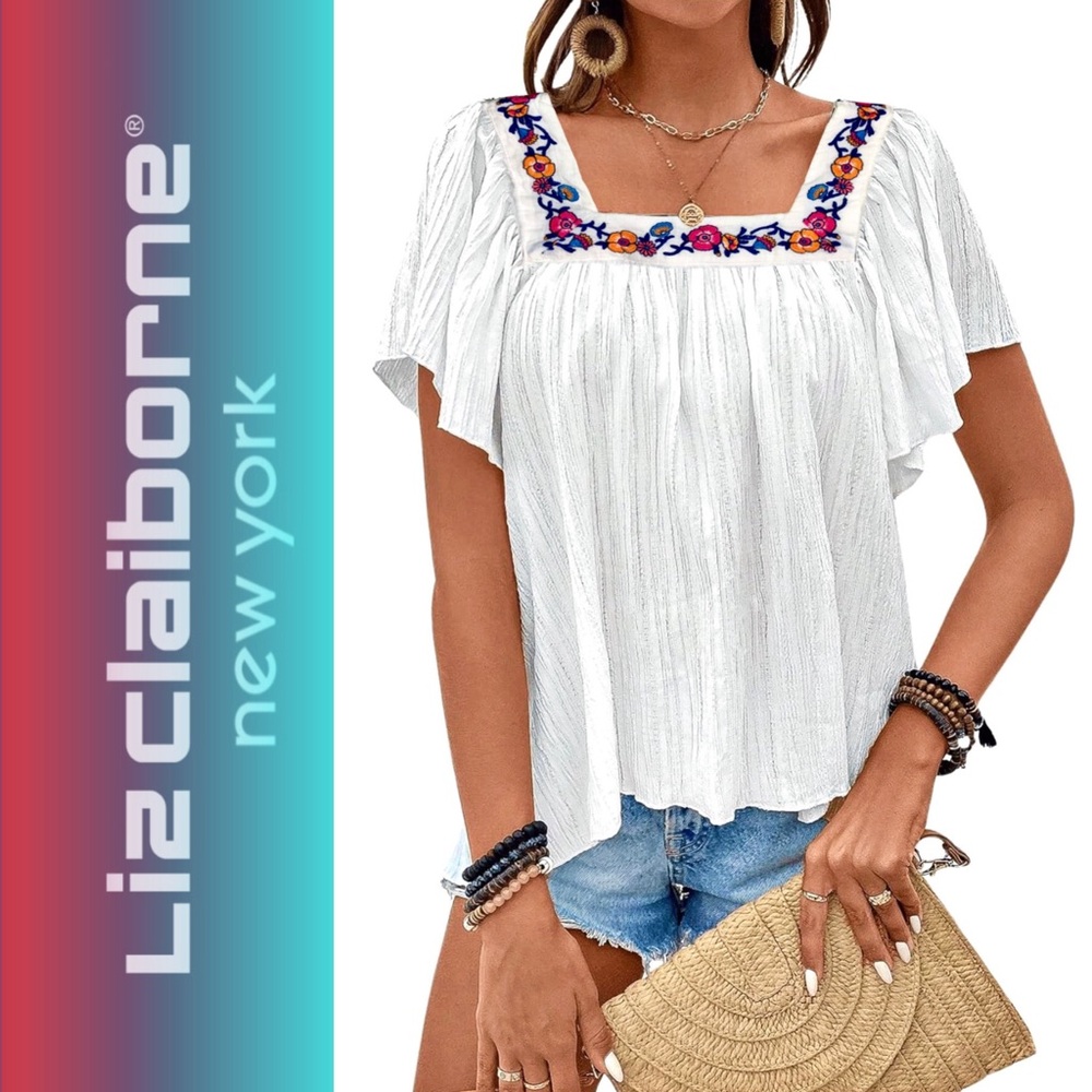 LIZ CLAIBORNE  Embroidered Flutter-Sleeve Top, NWOT, Size Small